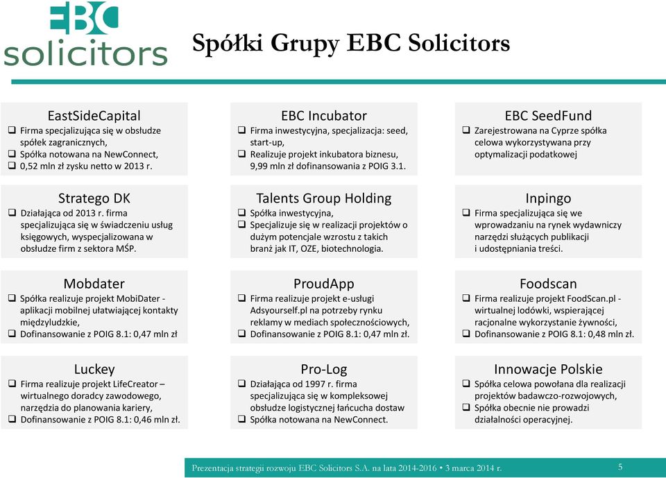 EBC Incubator Firma inwestycyjna, specjalizacja: seed, start-up, Realizuje projekt inkubatora biznesu, 9,99 mln zł dofinansowania z POIG 3.1.