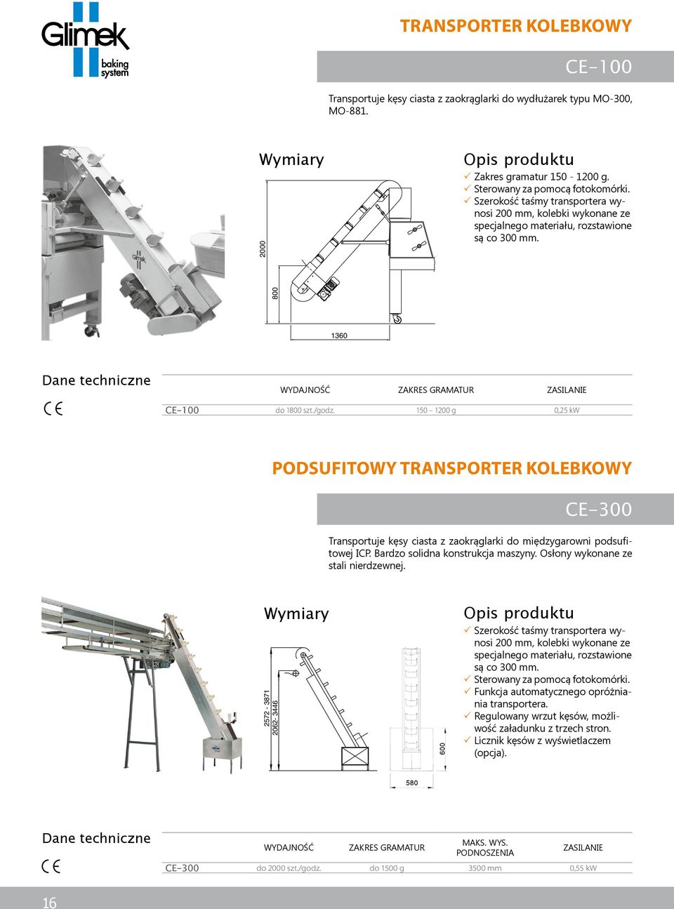150 1200 g 0,25 kw PODSUFITOWY TRANSPORTER KOLEBKOWY CE-300 Transportuje kęsy ciasta z zaokrąglarki do międzygarowni podsufitowej ICP. Bardzo solidna konstrukcja maszyny.