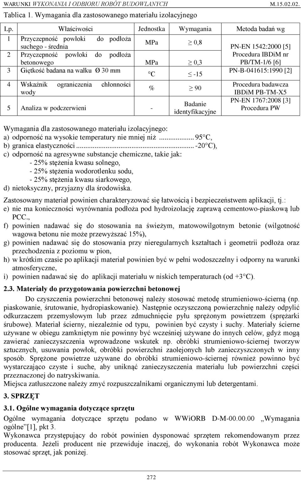 -15 4 Wskaźnik ograniczenia chłonności wody 5 Analiza w podczerwieni - % 90 Badanie identyfikacyjne Wymagania dla zastosowanego materiału izolacyjnego: a) odporność na wysokie temperatury nie mniej
