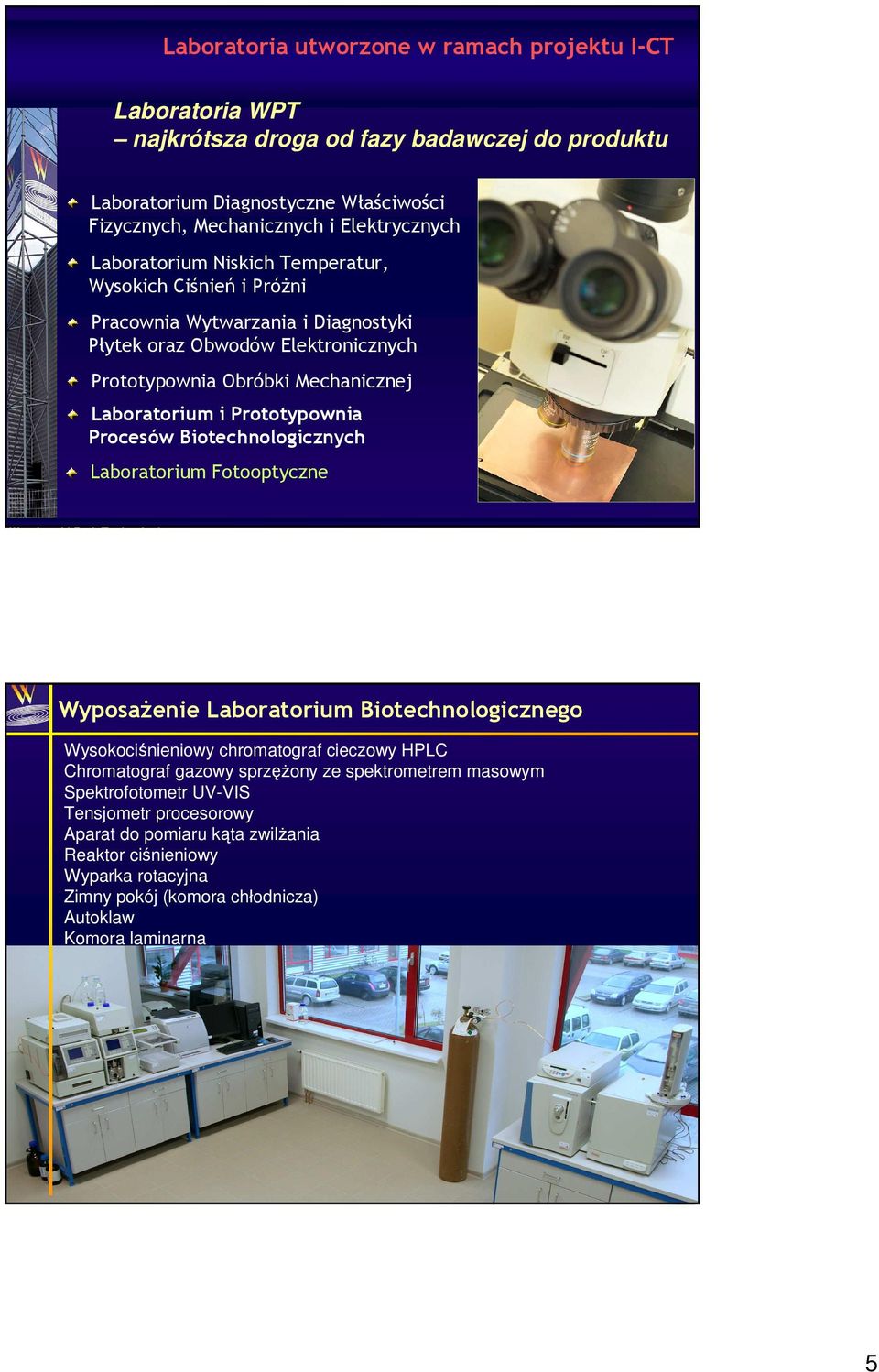 Prototypownia Procesów Biotechnologicznych Laboratorium Fotooptyczne WyposaŜenie Laboratorium Biotechnologicznego Wysokociśnieniowy chromatograf cieczowy HPLC Chromatograf gazowy sprzęŝony