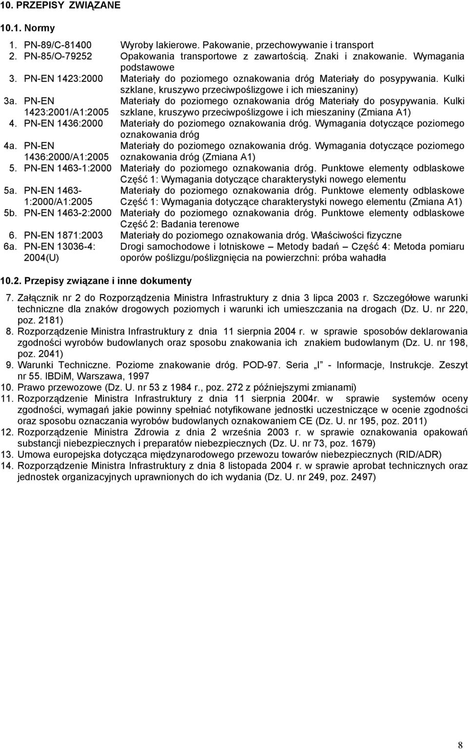 PN-EN Materiały do poziomego oznakowania dróg Materiały do posypywania. Kulki 1423:2001/A1:2005 szklane, kruszywo przeciwpoślizgowe i ich mieszaniny (Zmiana A1) 4.