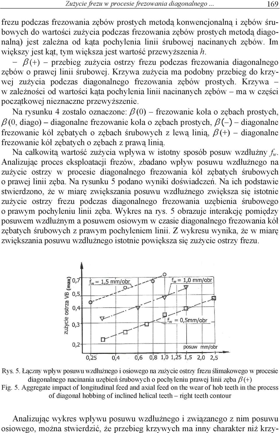 rubowej nacinanych z bów. Im wi kszy jest k t, tym wi ksza jest warto przewy szenia h. przebieg zu ycia ostrzy frezu podczas frezowania diagonalnego z bów o prawej linii rubowej.
