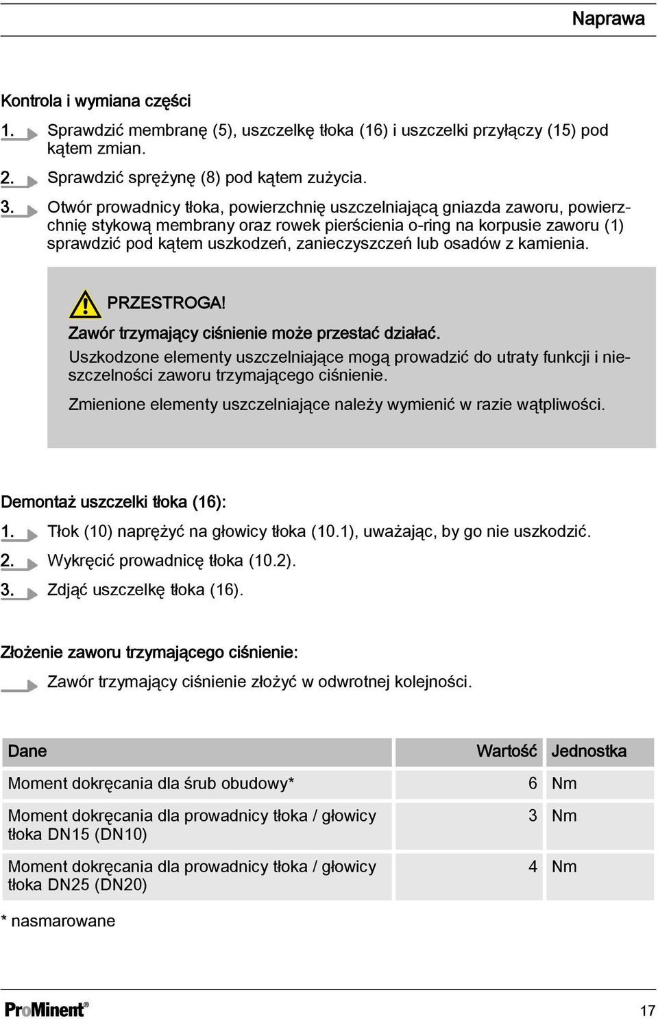 lub osadów z kamienia. PRZESTROGA! Zawór trzymający ciśnienie może przestać działać. Uszkodzone elementy uszczelniające mogą prowadzić do utraty funkcji i nieszczelności zaworu trzymającego ciśnienie.