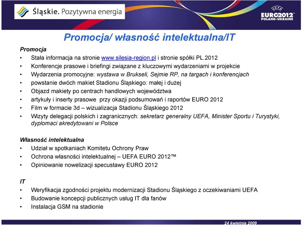 Śląskiego: małej i dużej Objazd makiety po centrach handlowych województwa artykuły i inserty prasowe przy okazji podsumowań i raportów EURO 2012 Film w formacie 3d wizualizacja Stadionu Śląskiego