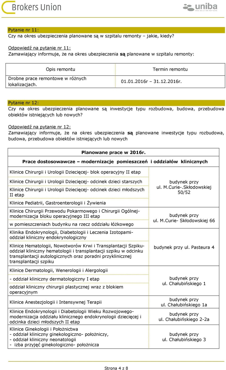 12.2016r. Pytanie nr 12: Czy na okres ubezpieczenia planowane są inwestycje typu rozbudowa, budowa, przebudowa obiektów istniejących lub nowych?