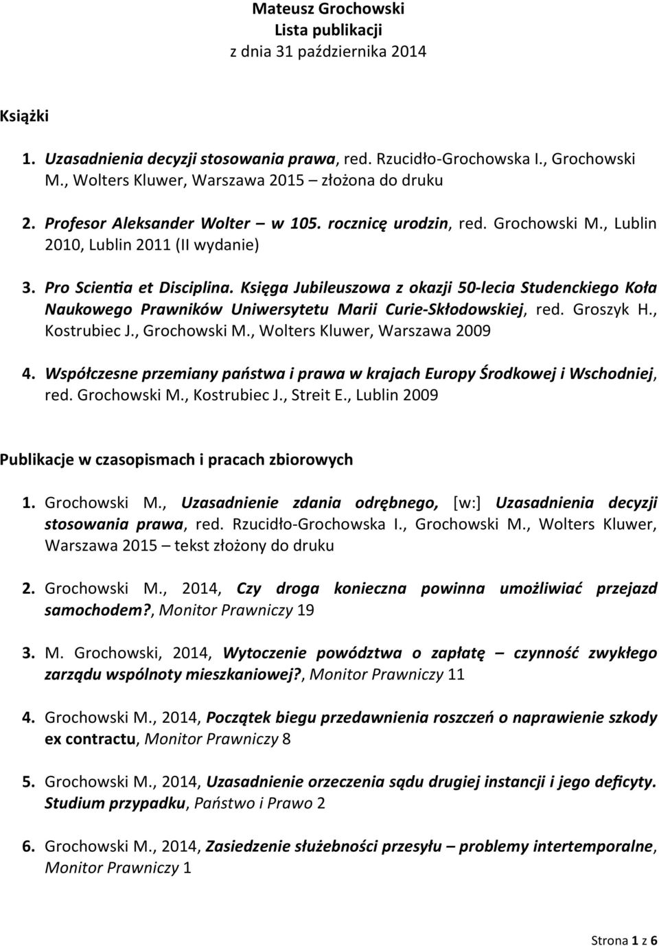 Księga Jubileuszowa z okazji 50-lecia Studenckiego Koła Naukowego Prawników Uniwersytetu Marii Curie-Skłodowskiej, red. Groszyk H., Kostrubiec J., Grochowski M., Wolters Kluwer, Warszawa 2009 4.
