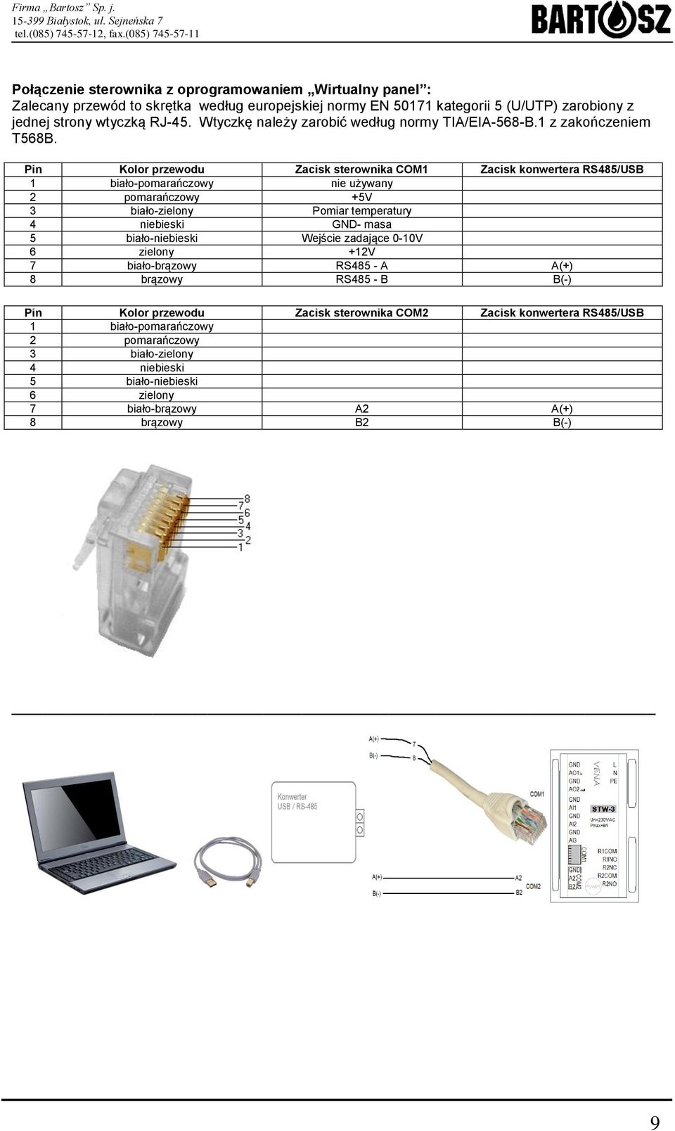 Pin Kolor przewodu Zacisk sterownika COM1 Zacisk konwertera RS485/USB 1 biało-pomarańczowy nie używany 2 pomarańczowy +5V 3 biało-zielony Pomiar temperatury 4 niebieski GND- masa 5