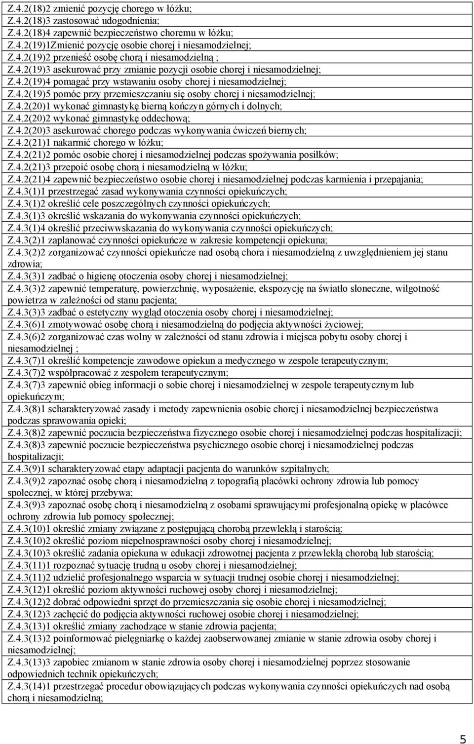 4.2(20)1 wykonać gimnastykę bierną kończyn górnych i dolnych; Z.4.2(20)2 wykonać gimnastykę oddechową; Z.4.2(20)3 asekurować chorego podczas wykonywania ćwiczeń biernych; Z.4.2(21)1 nakarmić chorego w łóżku; Z.