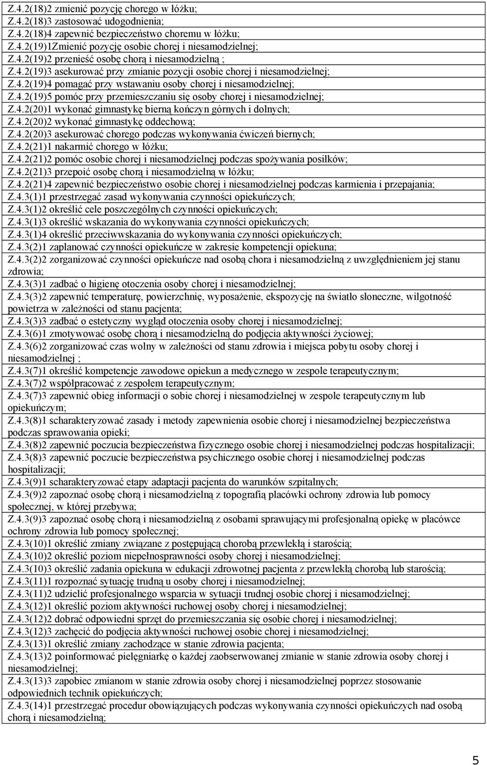 4.2(20)1 wykonać gimnastykę bierną kończyn górnych i dolnych; Z.4.2(20)2 wykonać gimnastykę oddechową; Z.4.2(20)3 asekurować chorego podczas wykonywania ćwiczeń biernych; Z.4.2(21)1 nakarmić chorego w łóżku; Z.