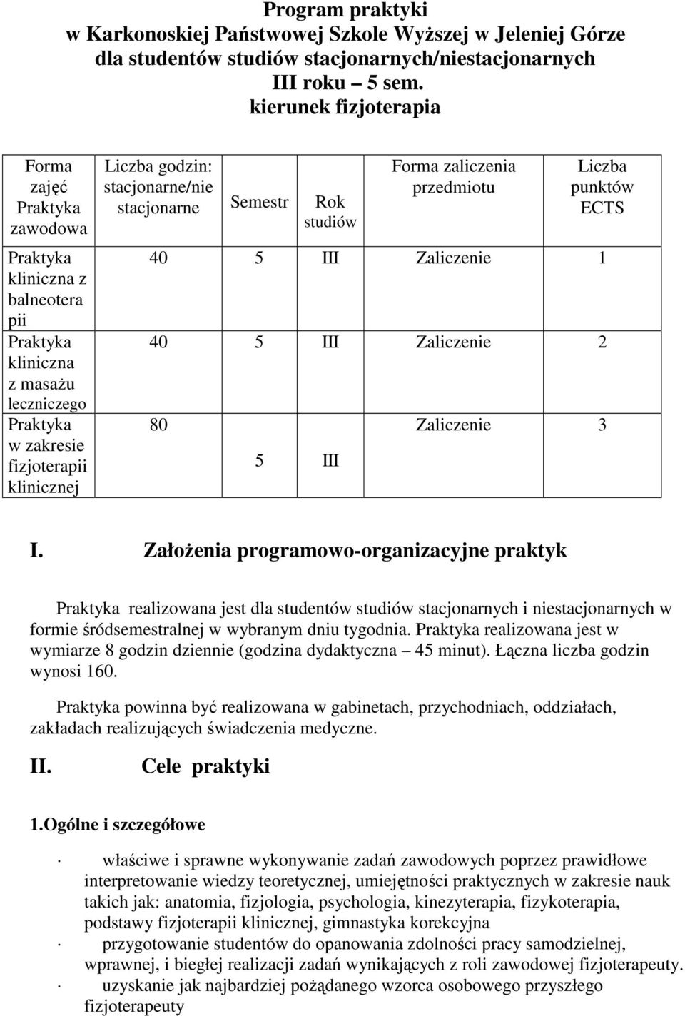 Forma zaliczenia przedmiotu Liczba punktów ECTS 40 5 III Zaliczenie 1 40 5 III Zaliczenie 2 80 5 III Zaliczenie 3 I.