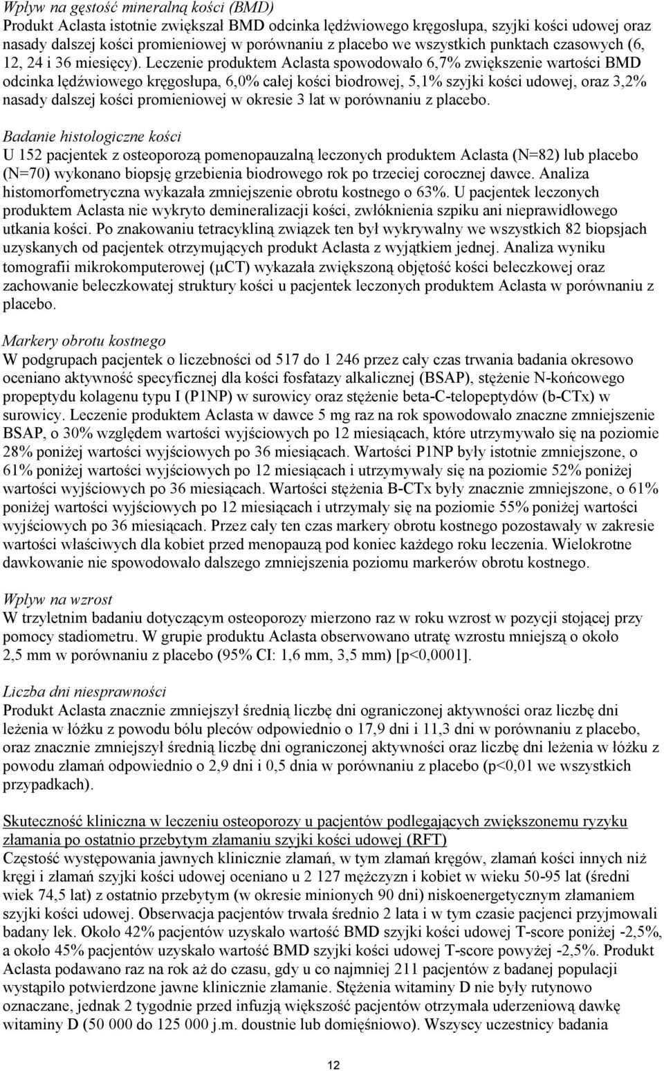 Leczenie produktem Aclasta spowodowało 6,7% zwiększenie wartości BMD odcinka lędźwiowego kręgosłupa, 6,0% całej kości biodrowej, 5,1% szyjki kości udowej, oraz 3,2% nasady dalszej kości promieniowej
