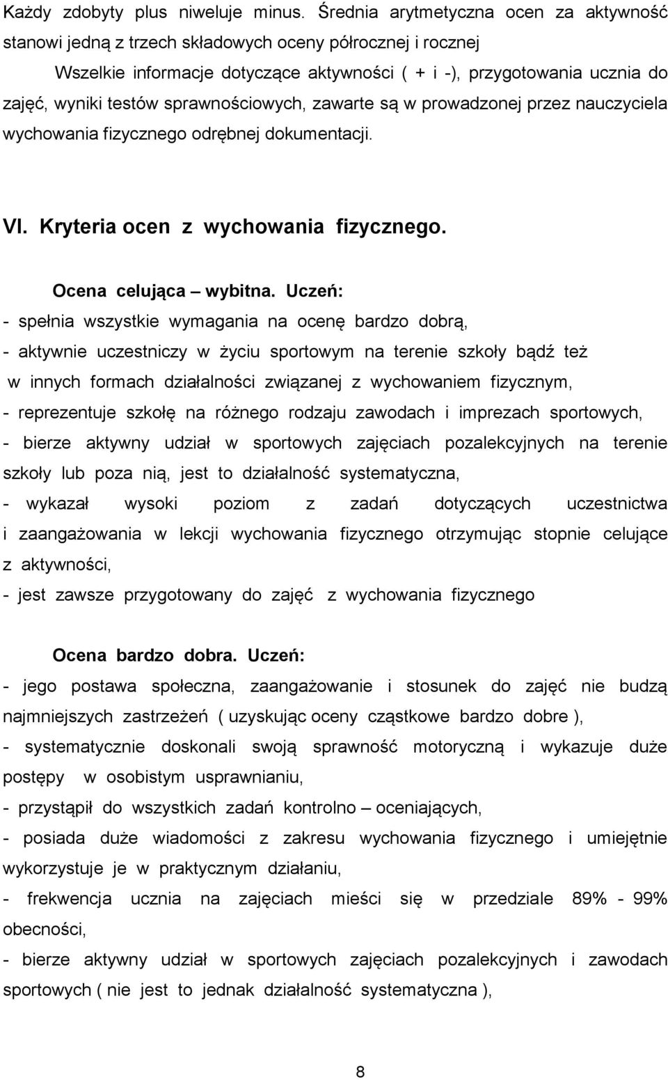 sprawnościowych, zawarte są w prowadzonej przez nauczyciela wychowania fizycznego odrębnej dokumentacji. VI. Kryteria ocen z wychowania fizycznego. Ocena celująca wybitna.