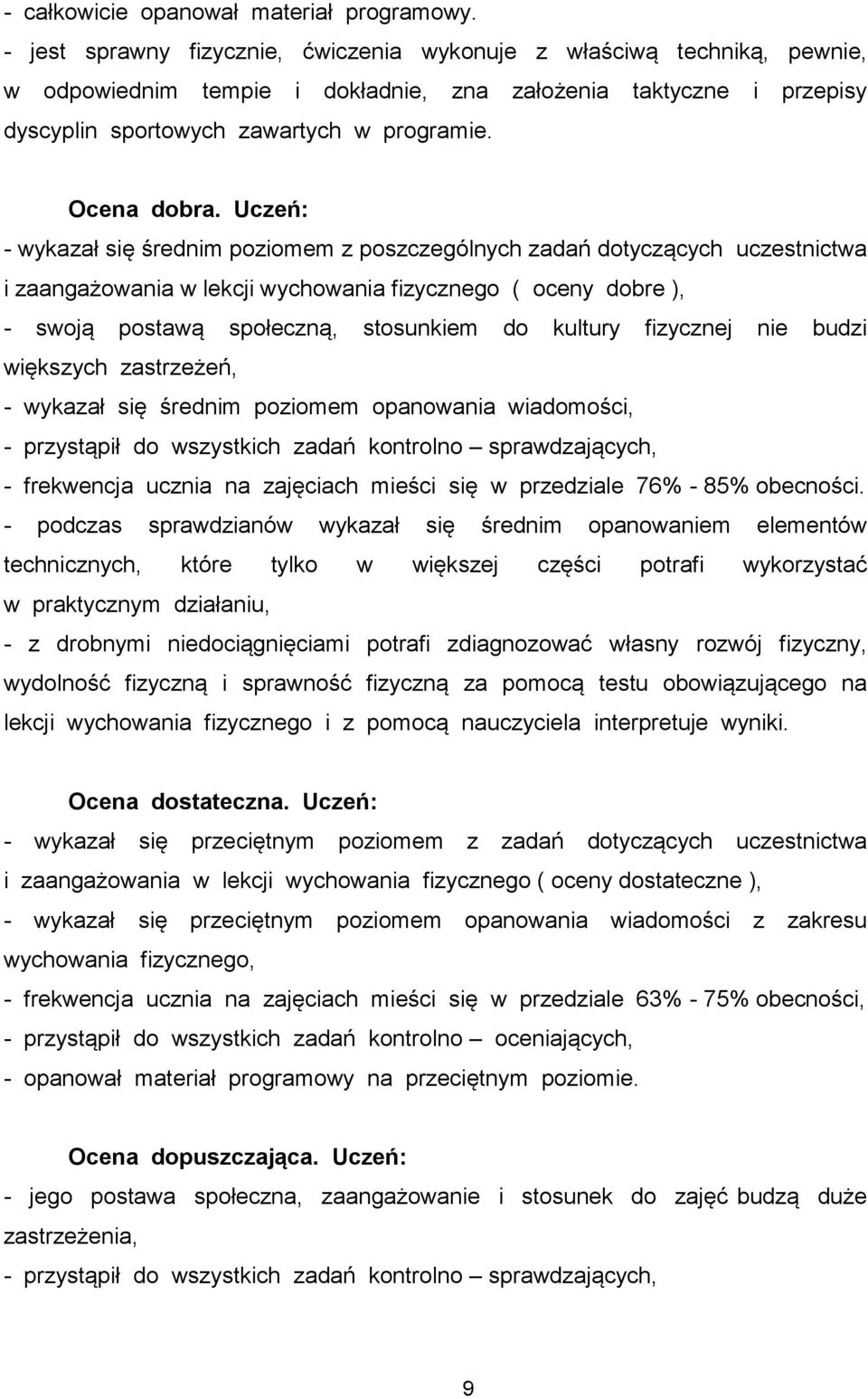 Uczeń: - wykazał się średnim poziomem z poszczególnych zadań dotyczących uczestnictwa i zaangażowania w lekcji wychowania fizycznego ( oceny dobre ), - swoją postawą społeczną, stosunkiem do kultury