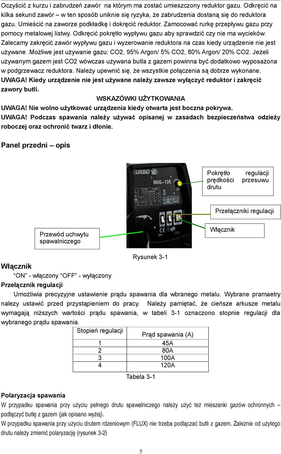 Zalecamy zakręcić zawór wypływu gazu i wyzerowanie reduktora na czas kiedy urządzenie nie jest używane.możliwe jest używanie gazu: CO2, 95% Argon/ 5% CO2, 80% Argon/ 20% CO2.