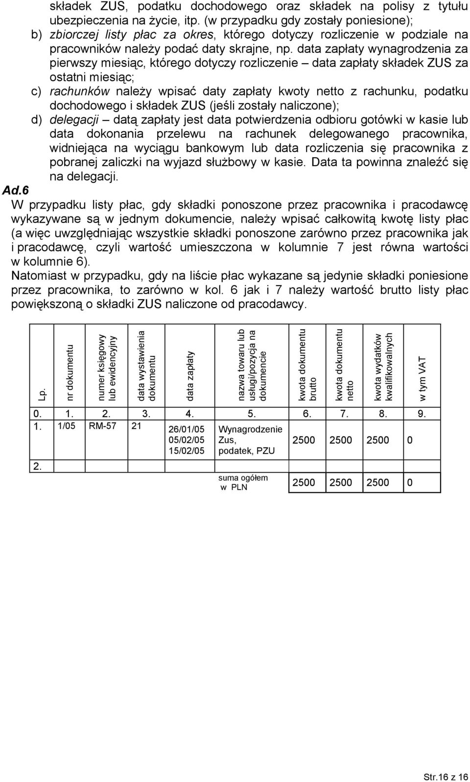 (w przypadku gdy zostały poniesione); b) zbiorczej listy płac za okres, którego dotyczy rozliczenie w podziale na pracowników należy podać daty skrajne, np.