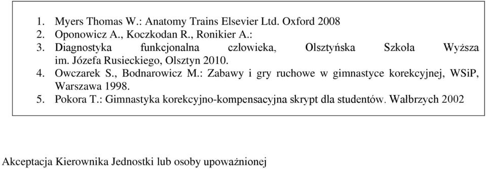 Owczarek S., Bodnarowicz M.: Zabawy i gry ruchowe w gimnastyce korekcyjnej, WSiP, Warszawa 1998. 5. Pokora T.