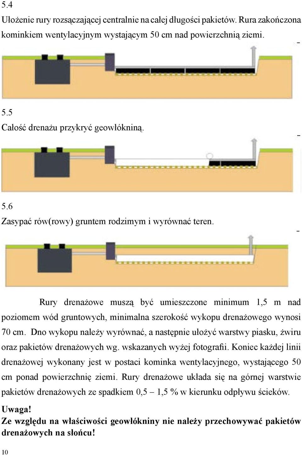 Dno wykopu należy wyrównać, a następnie ułożyć warstwy piasku, żwiru oraz pakietów drenażowych wg. wskazanych wyżej fotografii.