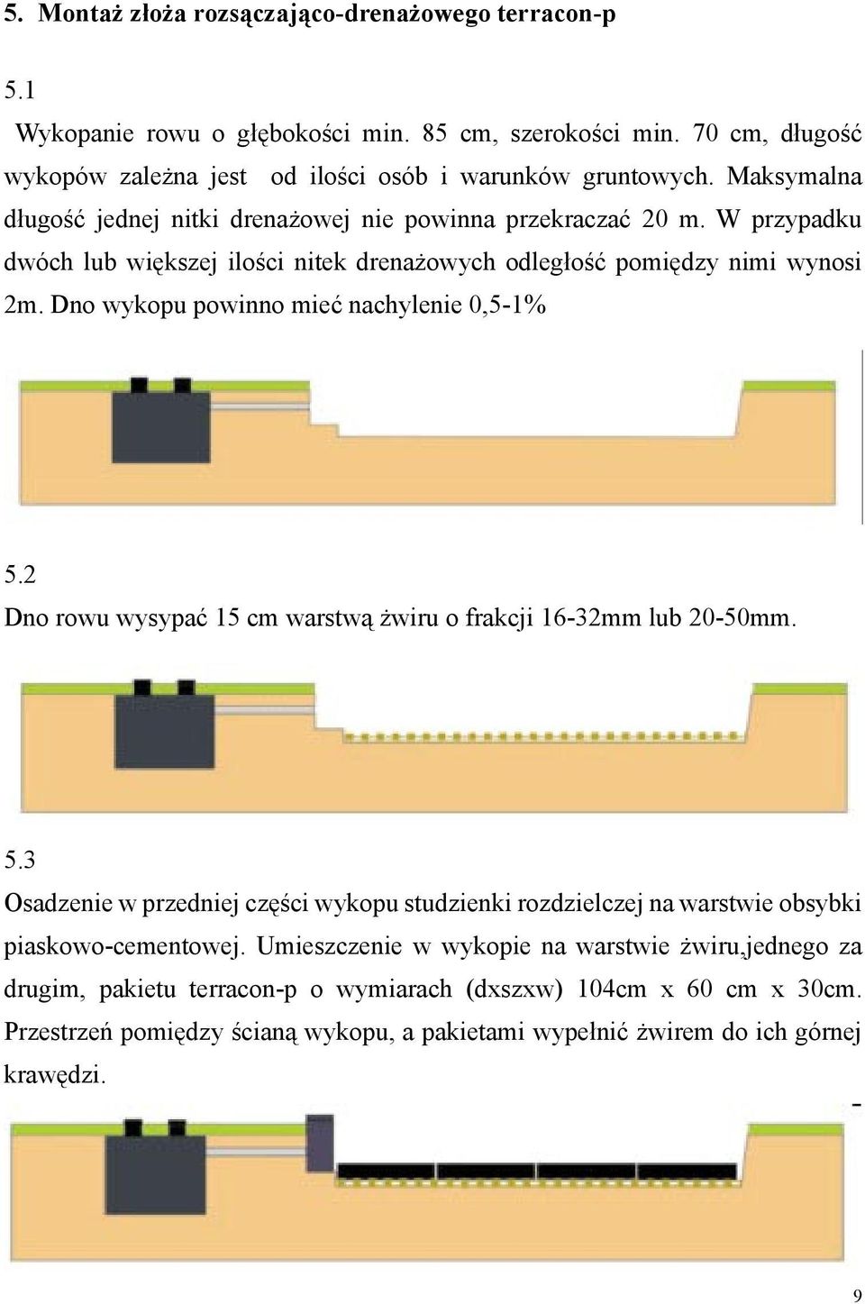 Dno wykopu powinno mieć nachylenie 0,5-1% 5.2 Dno rowu wysypać 15 cm warstwą żwiru o frakcji 16-32mm lub 20-50mm. 5.3 Osadzenie w przedniej części wykopu studzienki rozdzielczej na warstwie obsybki piaskowo-cementowej.