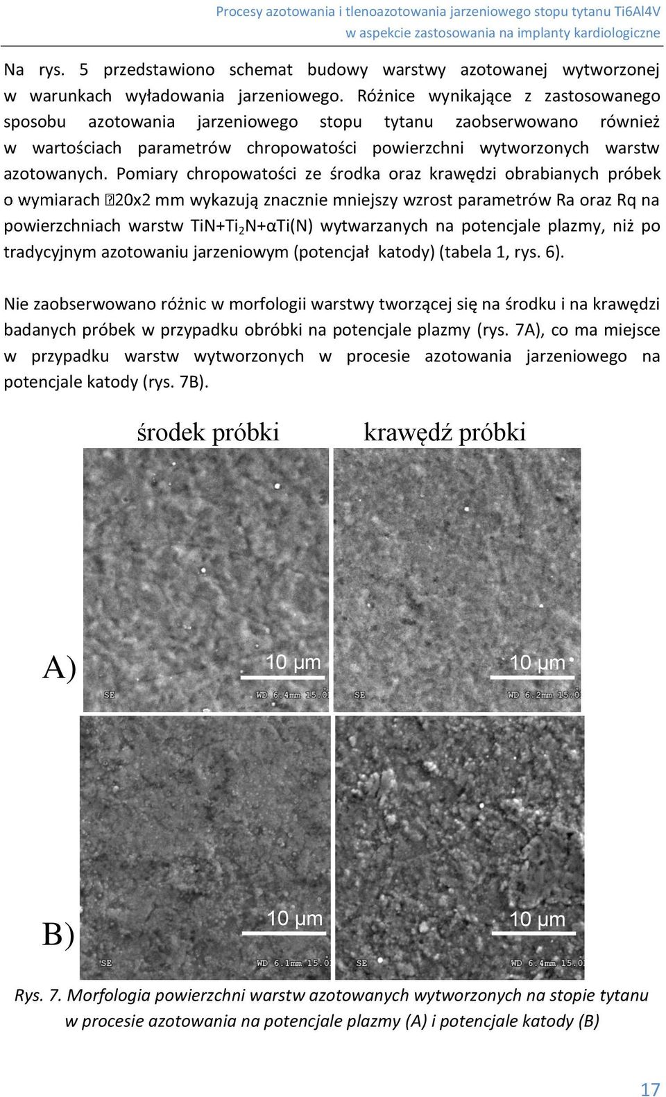 Pomiary chropowatości ze środka oraz krawędzi obrabianych próbek mm wykazują znacznie mniejszy wzrost parametrów Ra oraz Rq na powierzchniach warstw TiN+Ti 2 N+αTi(N) wytwarzanych na potencjale