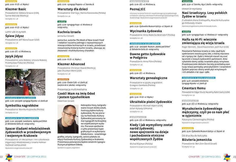Miodowa 24 Język jidysz Prowadzenie: Julia Makosz, Urszula Makosz, Przemysław Piekarski (Polska) Warsztaty dla dzieci Prowadzenie: Etel Szyc, Hanna Kossowska (Polska) godz. 12.00 synagoga Kupa ul.