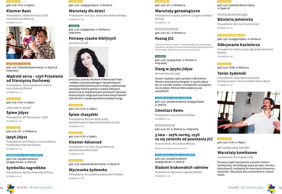 Wąska 7 Lomir ale in eynem Śpiew jidysz Prowadzenie: Jeff Warschauer (USA) godz. 11.00 JCC ul. Miodowa 24 Język jidysz Prowadzenie: Julia Makosz, Urszula Makosz, Przemysław Piekarski (Polska) godz.