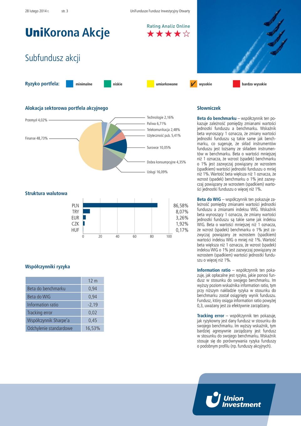 Beta do WIG 0,94 Information ratio -2,19 Tracking error 0,02 Współczynnik Sharpe a 0,45 Odchylenie standardowe 16,53% Technologie 2,16% Paliwa 6,71% Telekomunikacja 2,48% Użyteczność pub.