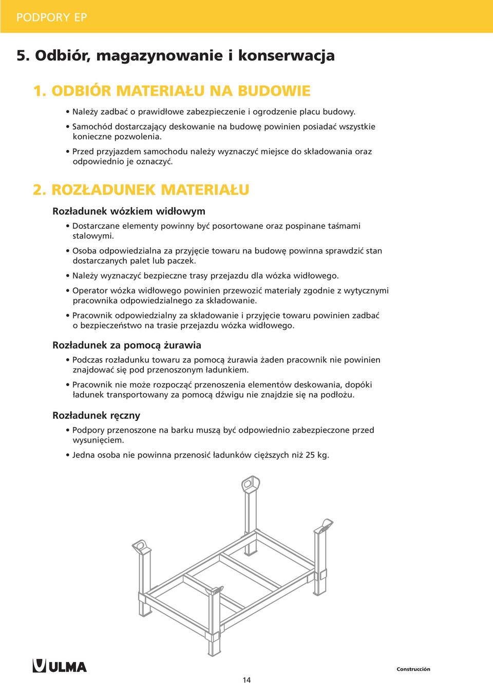 ROZŁADUNEK MATERIAŁU Rozładunek wózkiem widłowym Dostarczane elementy powinny być posortowane oraz pospinane taśmami stalowymi.