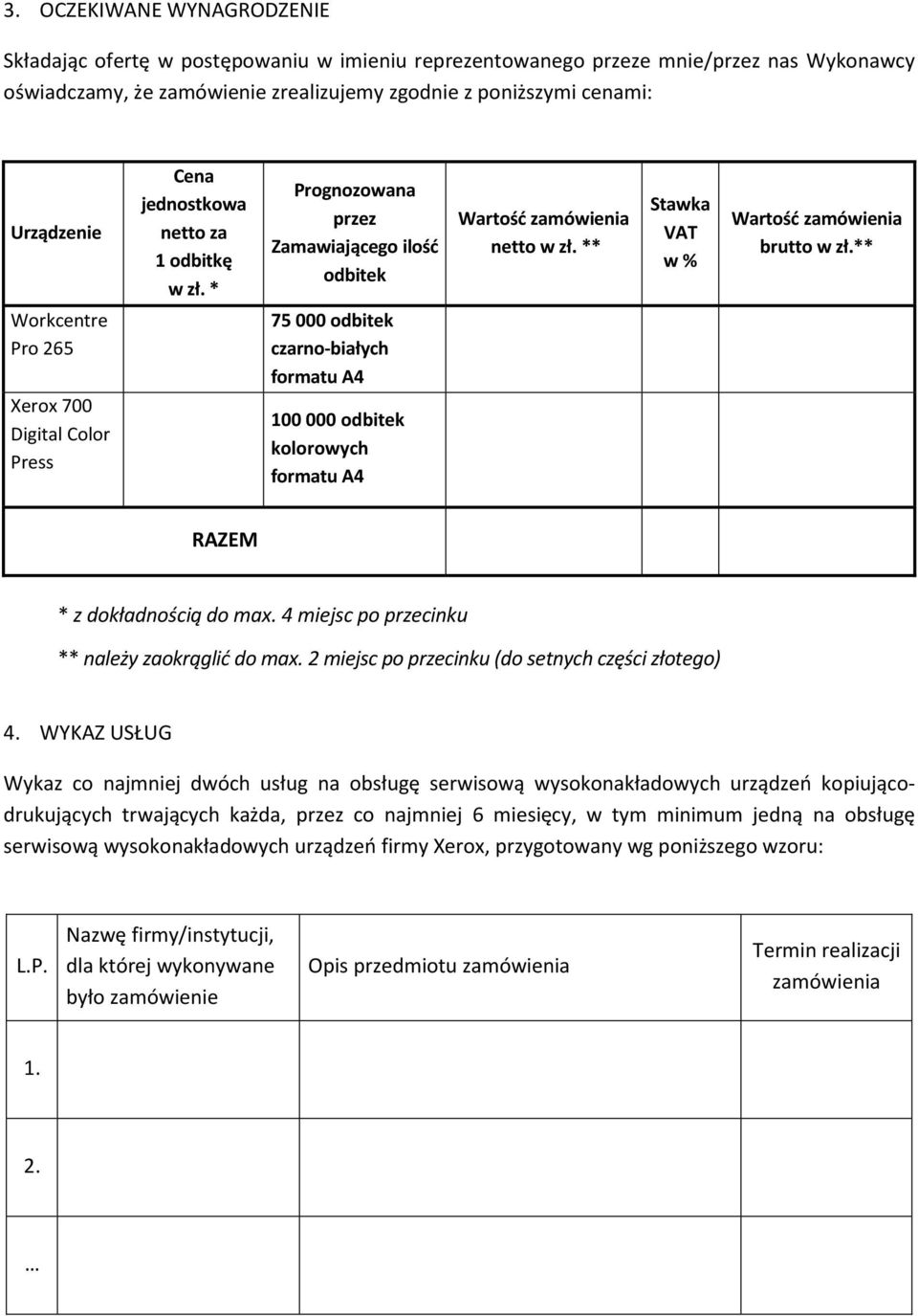 ** Workcentre Pro 265 Xerox 700 Digital Color Press 75 000 odbitek czarno-białych formatu A4 100 000 odbitek kolorowych formatu A4 RAZEM * z dokładnością do max.