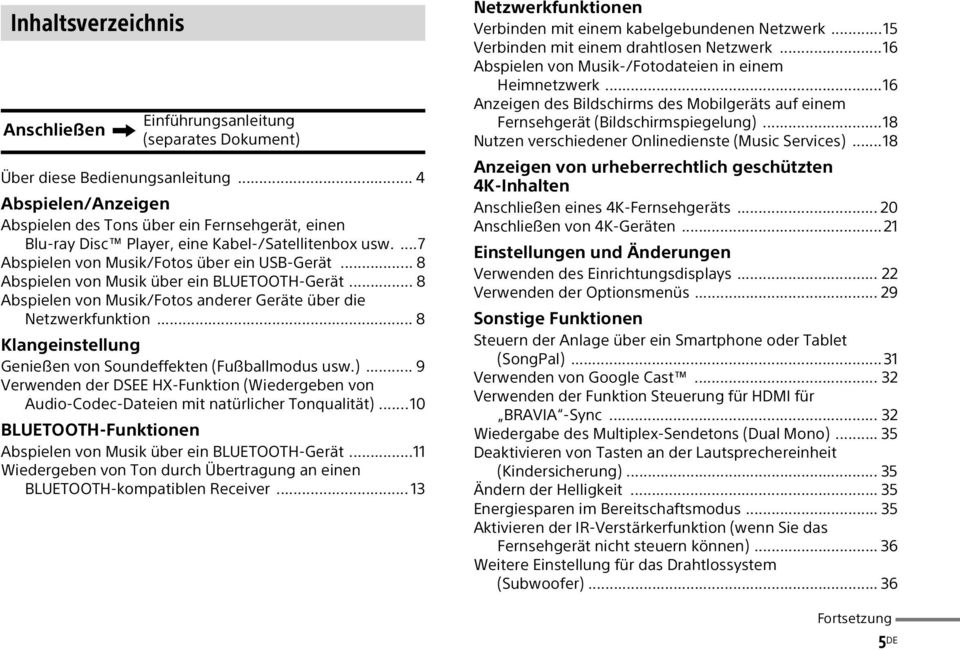 .. 8 Abspielen von Musik über ein BLUETOOTH-Gerät... 8 Abspielen von Musik/Fotos anderer Geräte über die Netzwerkfunktion... 8 Klangeinstellung Genießen von Soundeffekten (Fußballmodus usw.).