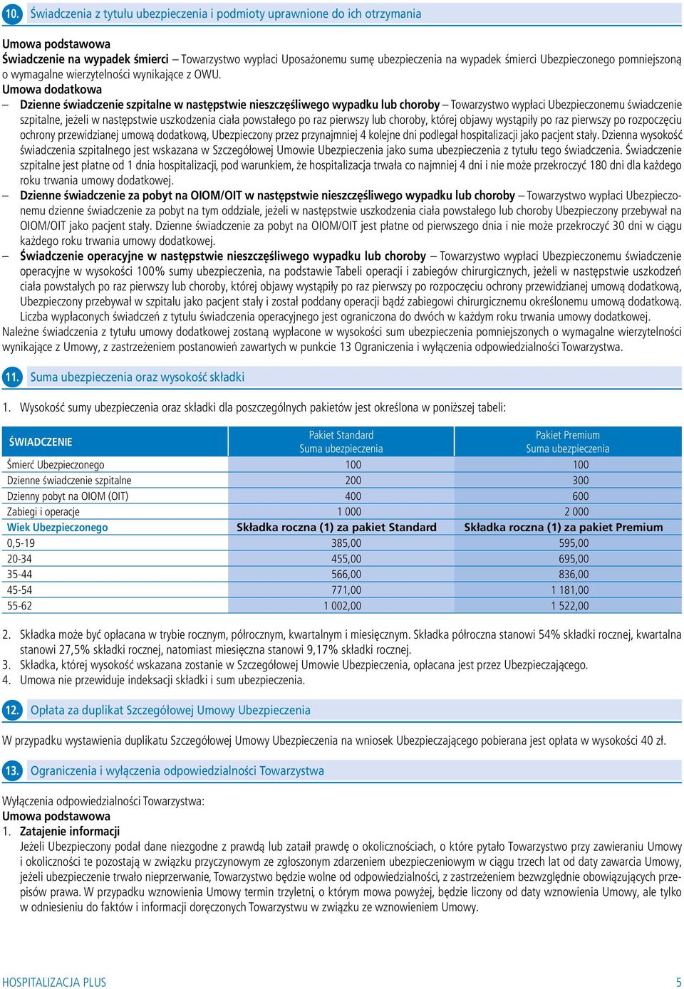 Umowa dodatkowa Dzienne świadczenie szpitalne w następstwie nieszczęśliwego wypadku lub choroby Towarzystwo wypłaci Ubezpieczonemu świadczenie szpitalne, jeżeli w następstwie uszkodzenia ciała