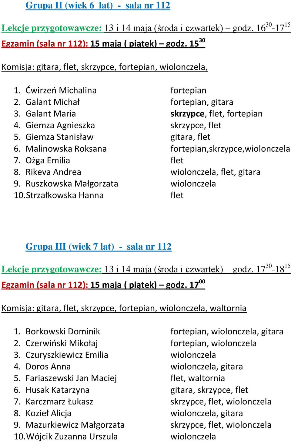 Ożga Emilia flet 8. Rikeva Andrea wiolonczela, flet, gitara 9. Ruszkowska Małgorzata wiolonczela 10.