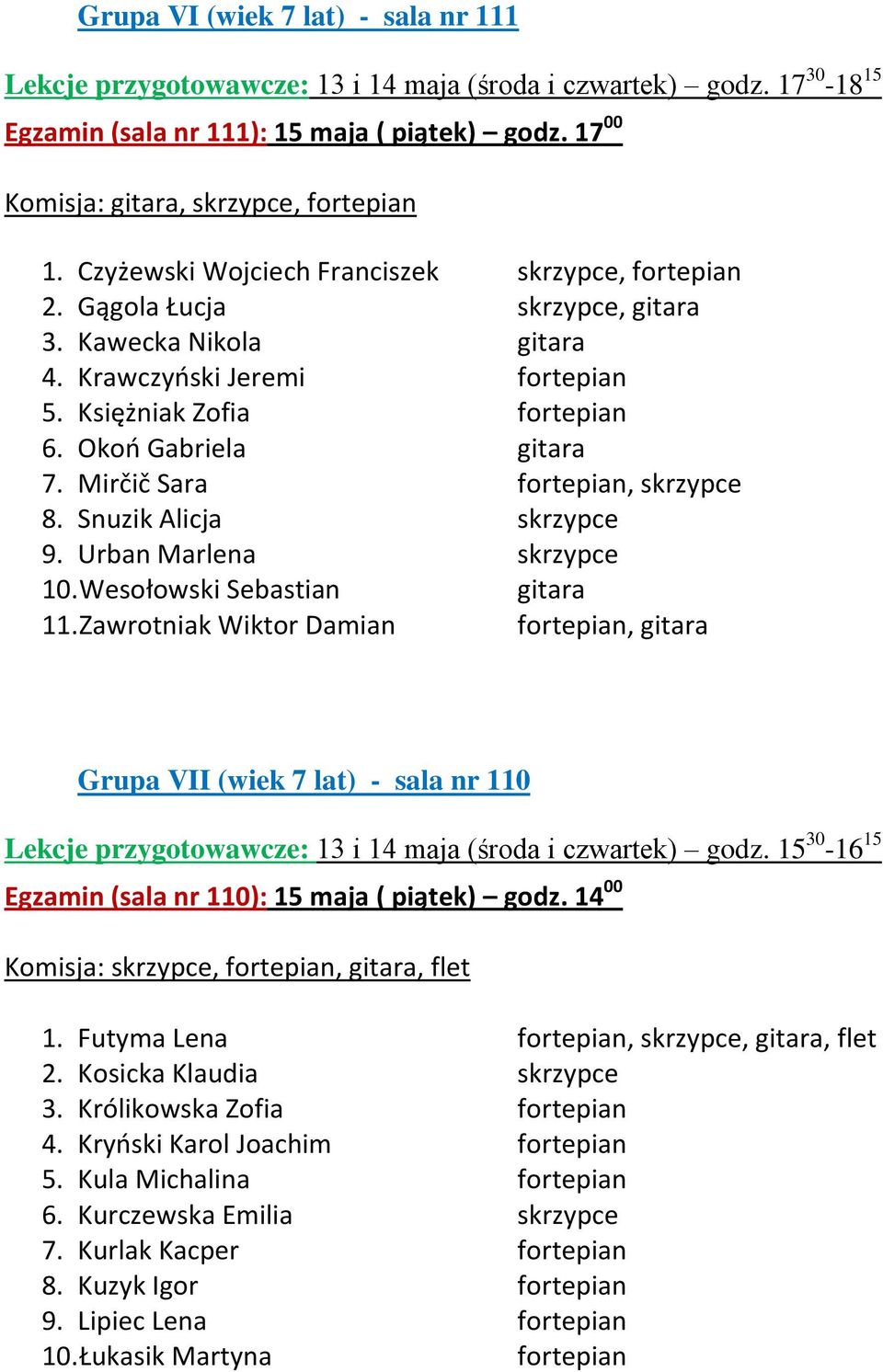 Snuzik Alicja skrzypce 9. Urban Marlena skrzypce 10. Wesołowski Sebastian gitara 11.