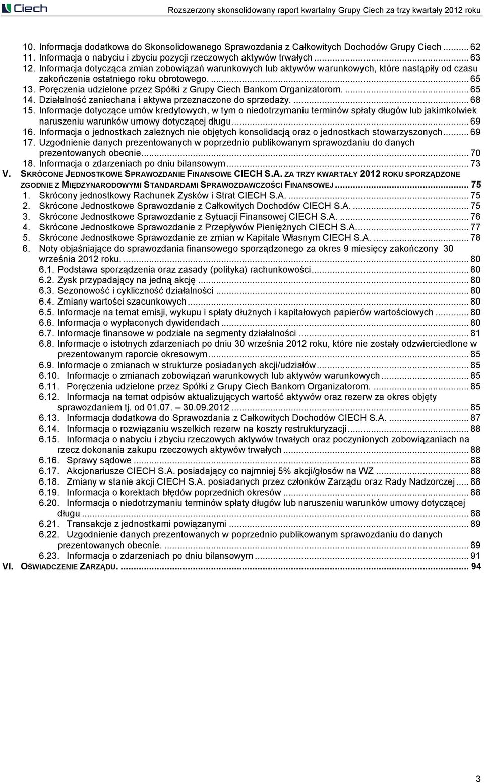 Poręczenia udzielone przez Spółki z Grupy Ciech Bankom Organizatorom.... 65 14. Działalność zaniechana i aktywa przeznaczone do sprzedaży.... 68 15.