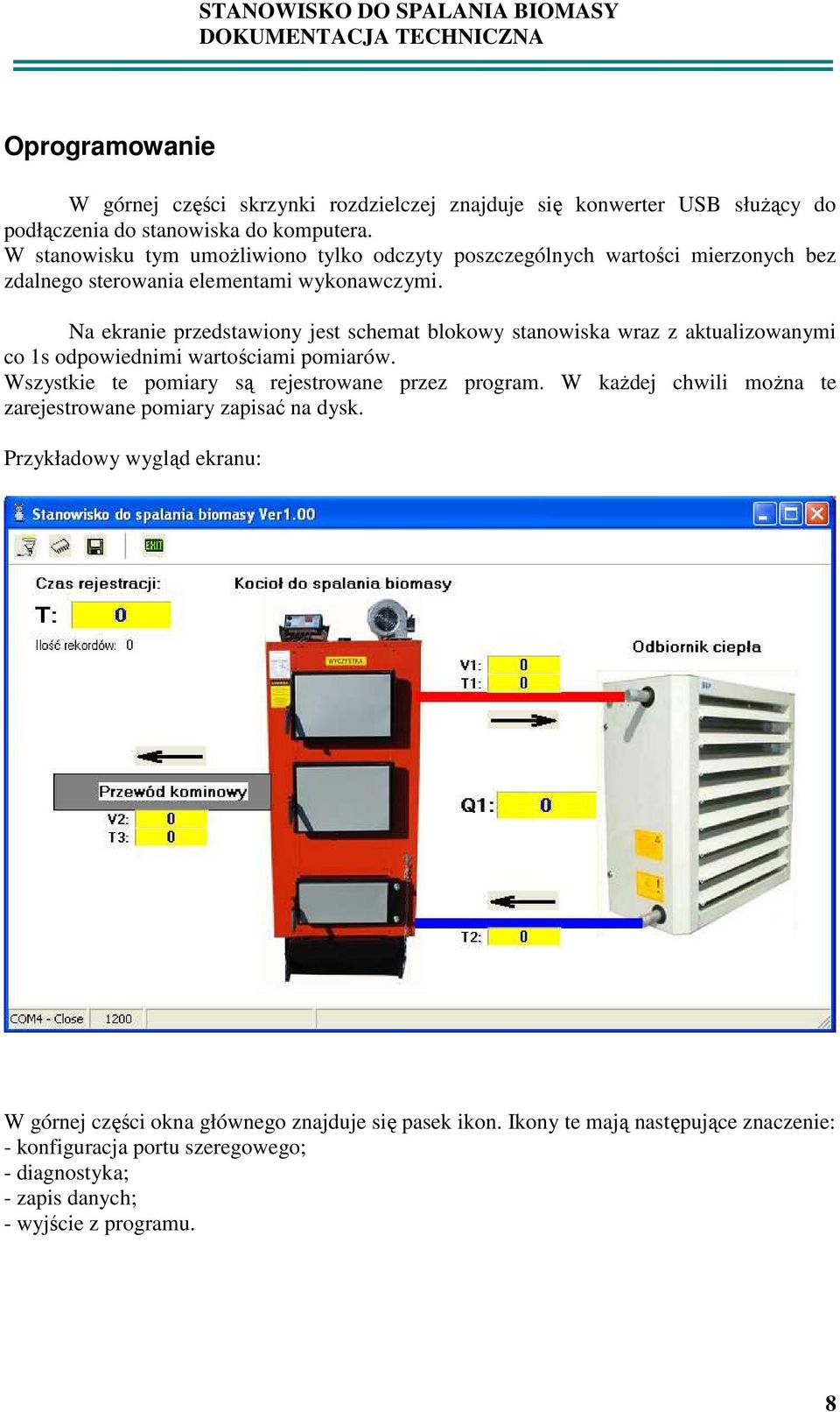 Na ekranie przedstawiony jest schemat blokowy stanowiska wraz z aktualizowanymi co 1s odpowiednimi wartościami pomiarów. Wszystkie te pomiary są rejestrowane przez program.