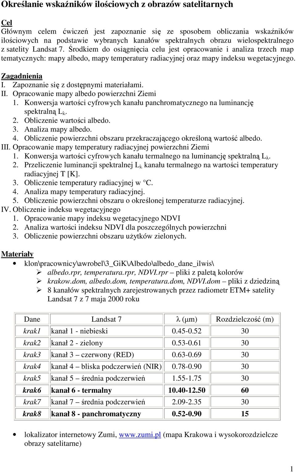 Środkiem do osiągnięcia celu jest opracowanie i analiza trzech map tematycznych: mapy albedo, mapy temperatury radiacyjnej oraz mapy indeksu wegetacyjnego. Zagadnienia I.
