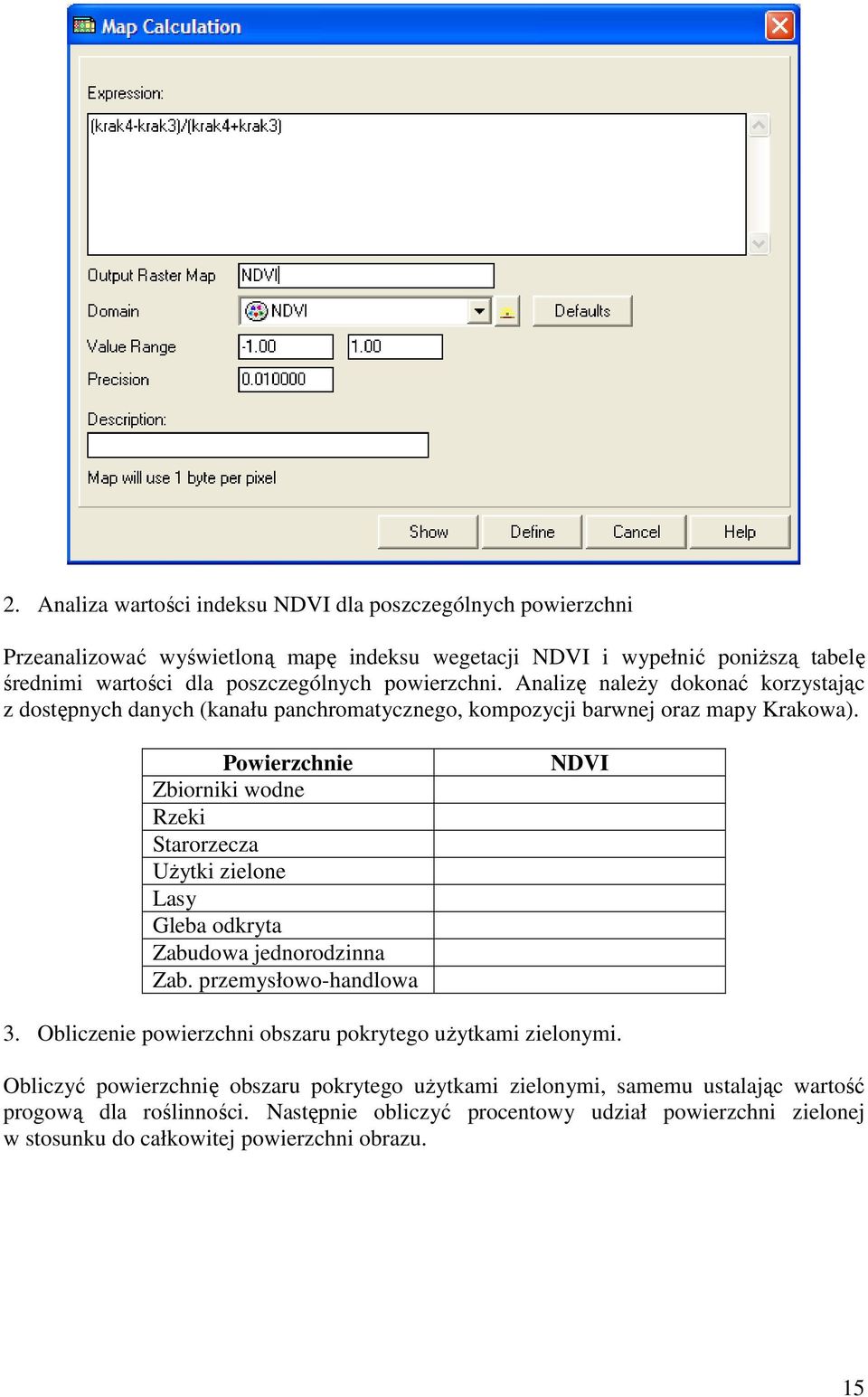 Powierzchnie Zbiorniki wodne Rzeki Starorzecza UŜytki zielone Lasy Gleba odkryta Zabudowa jednorodzinna Zab. przemysłowo-handlowa NDVI 3.