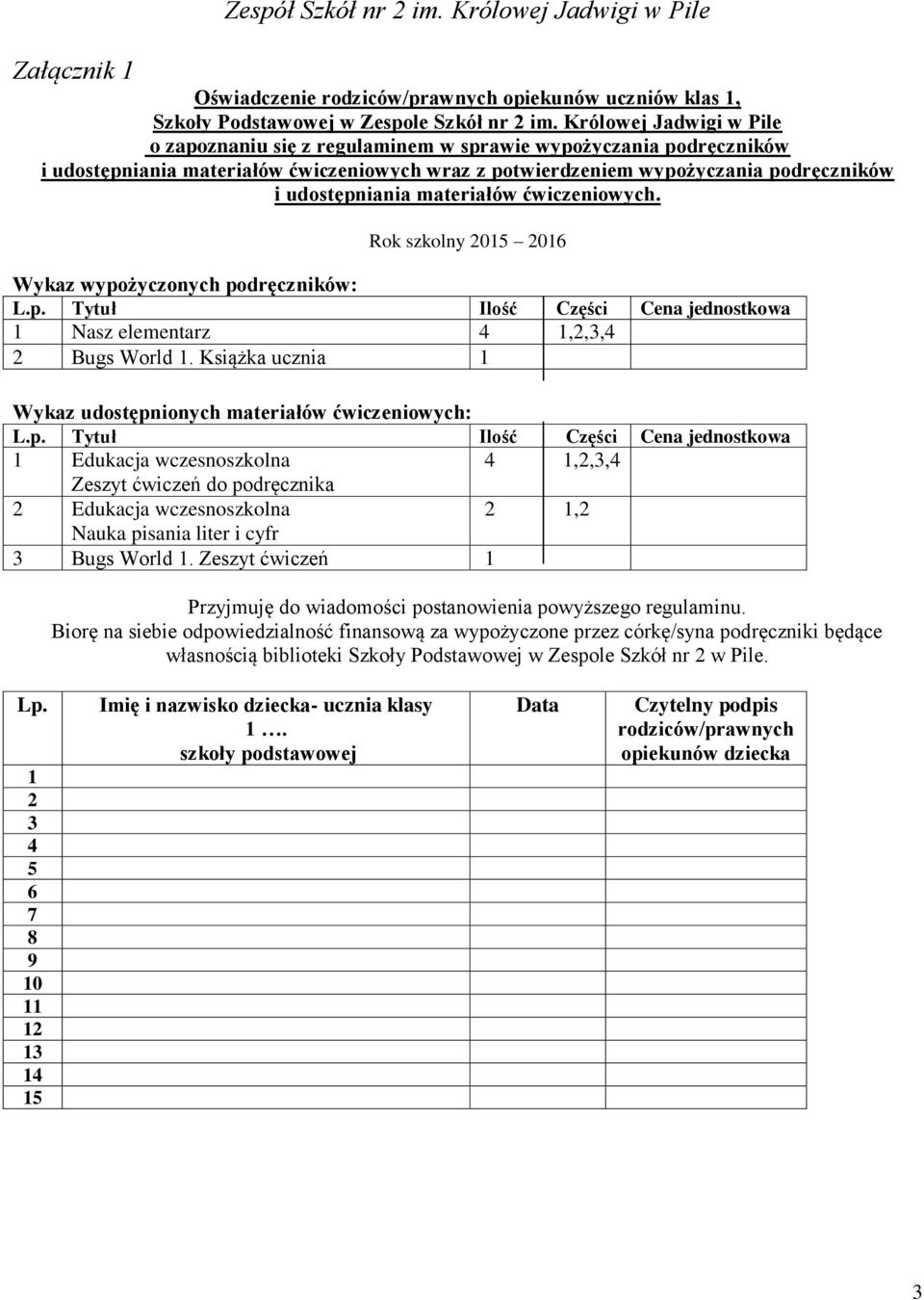 materiałów ćwiczeniowych. Rok szkolny 2015 2016 Wykaz wypożyczonych podręczników: 1 Nasz elementarz 4 1,2,3,4 2 Bugs World 1.