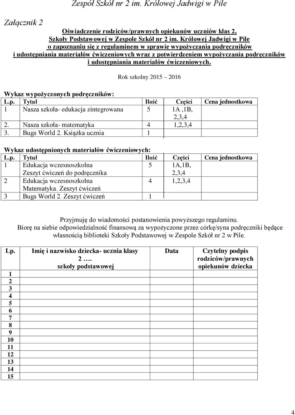 materiałów ćwiczeniowych. Rok szkolny 2015 2016 Wykaz wypożyczonych podręczników: 1 Nasza szkoła- edukacja zintegrowana 5 1A,1B, 2,3,4 2. Nasza szkoła- 4 1,2,3,4 3. Bugs World 2.