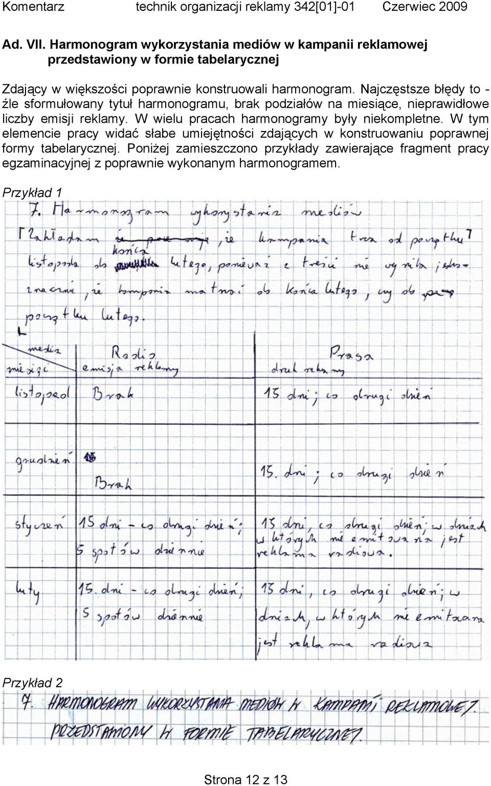 harmonogram. Najczęstsze błędy to - źle sformułowany tytuł harmonogramu, brak podziałów na miesiące, nieprawidłowe liczby emisji reklamy.