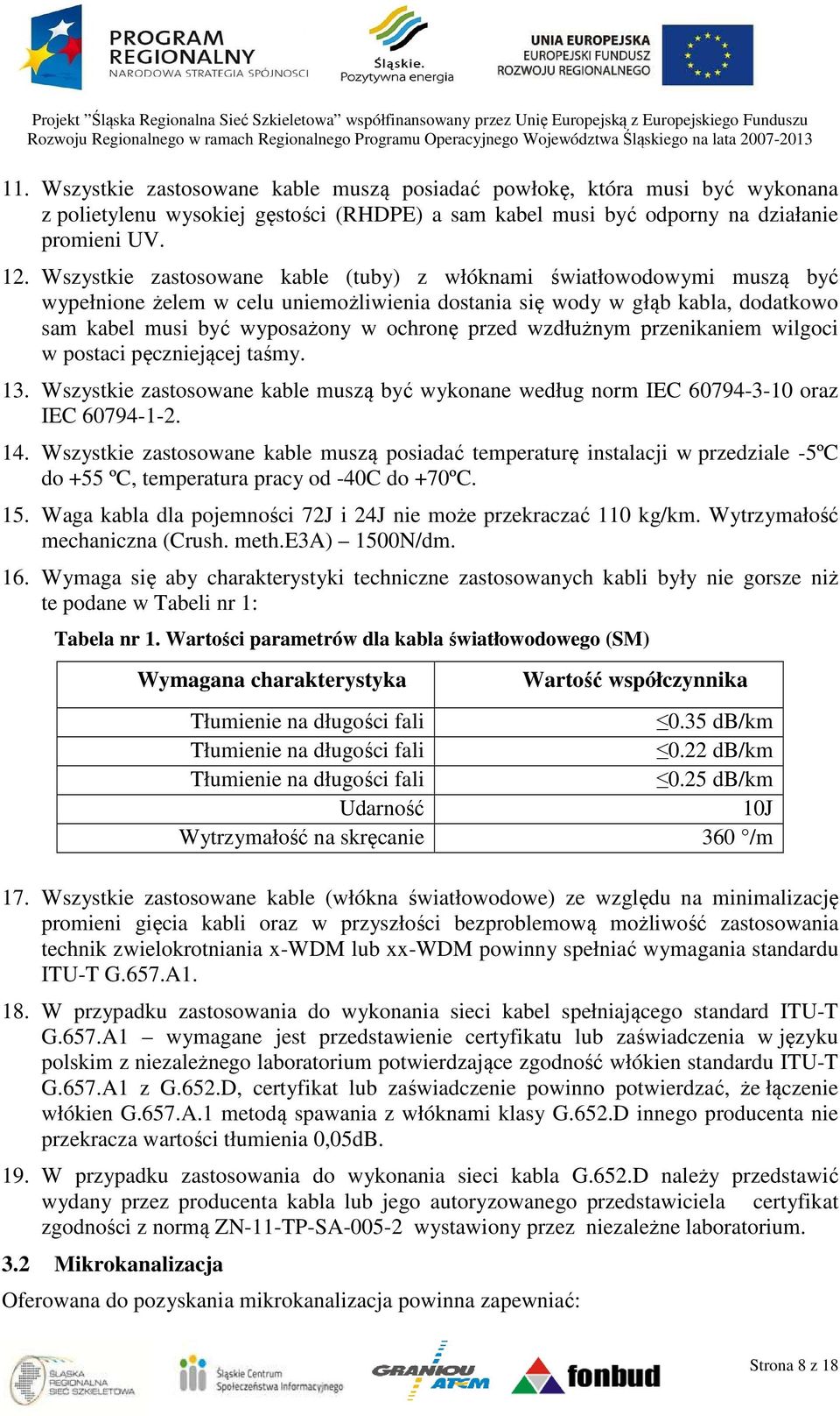 wzdłużnym przenikaniem wilgoci w postaci pęczniejącej taśmy. 13. Wszystkie zastosowane kable muszą być wykonane według norm IEC 60794-3-10 oraz IEC 60794-1-2. 14.