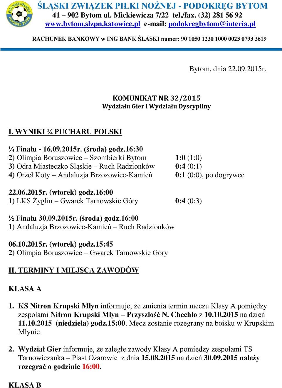 WYNIKI ¼ PUCHARU POLSKI ¼ Finału - 16.09.2015r. (środa) godz.