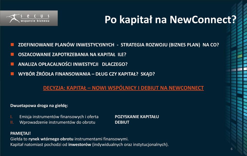 DECYZJA: KAPITAŁ NOWI WSPÓLNICY I DEBIUT NA NEWCONNECT Dwuetapowa droga na giełdę: I.