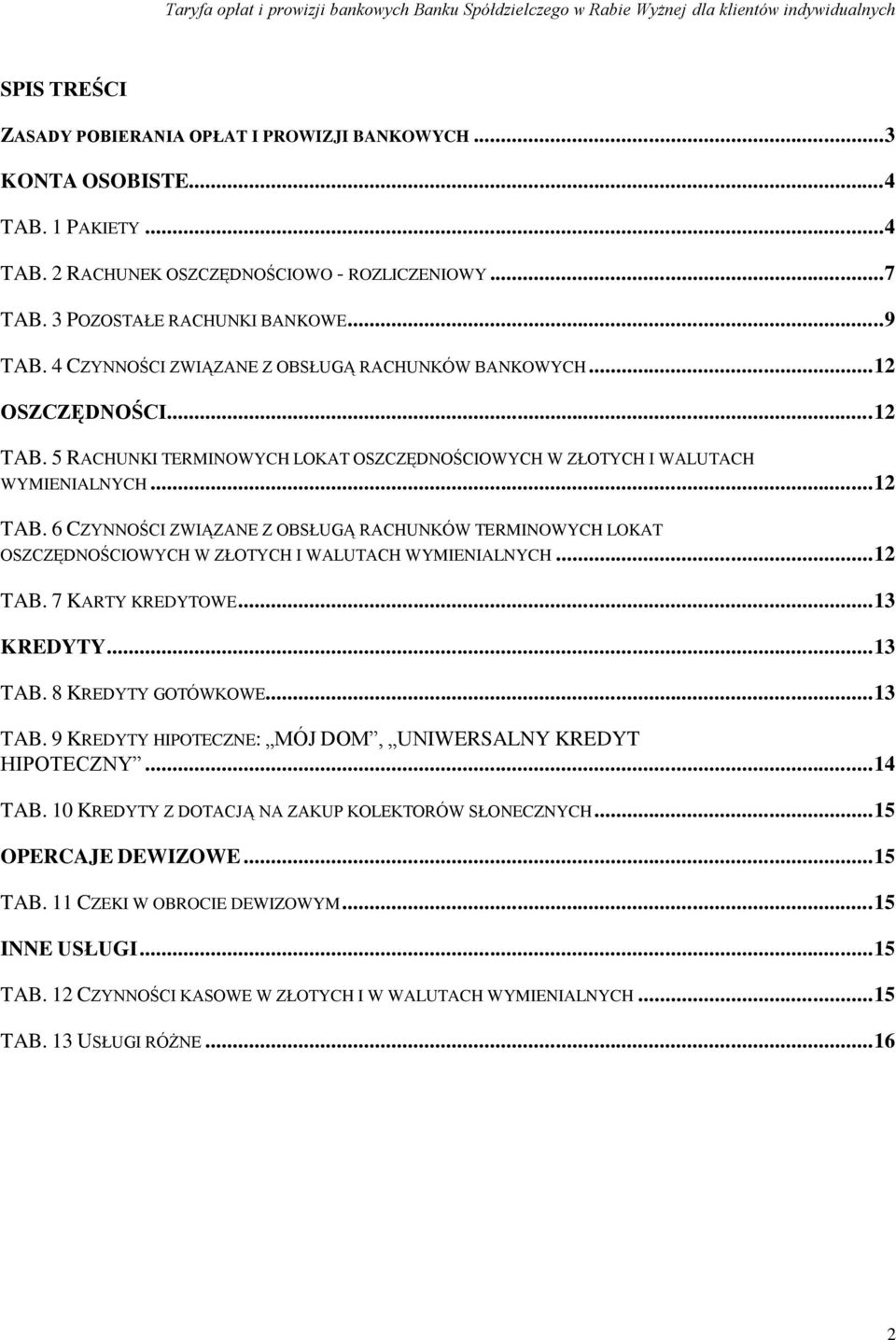 .. 12 TAB. 7 KARTY KREDYTOWE... 13 KREDYTY... 13 TAB. 8 KREDYTY GOTÓWKOWE... 13 TAB. 9 KREDYTY HIPOTECZNE: MÓJ DOM, UNIWERSALNY KREDYT HIPOTECZNY... 14 TAB.