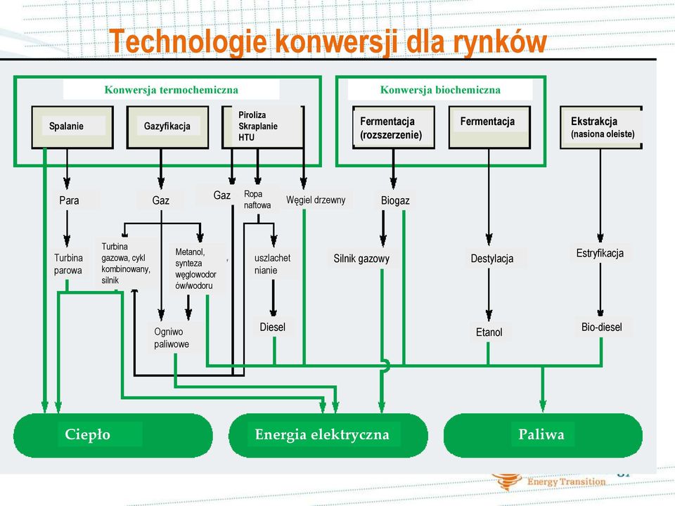 drzewny Biogaz Turbina parowa Turbina gazowa, cykl kombinowany, silnik Metanol, synteza węglowodor ów/wodoru