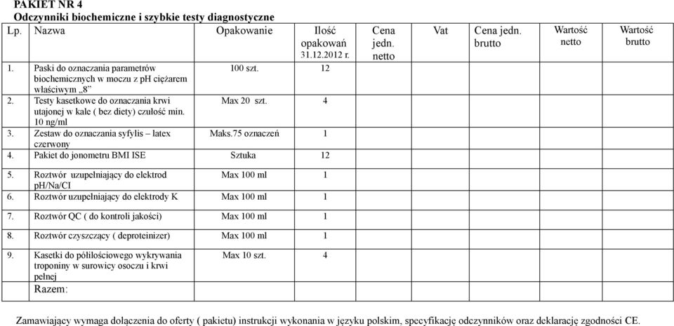 Pakiet do jonometru BMI ISE Sztuka 12 5. Roztwór uzupełniający do elektrod Max 100 ml 1 ph/na/ci 6. Roztwór uzupełniający do elektrody K Max 100 ml 1 7.