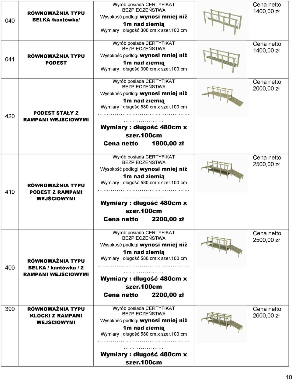 100 cm Wysokość podłogi wynosi mniej niż 2000,00 zł 1m nad ziemią 420 PODEST STAŁY Z RAMPAMI WEJŚCIOWYMI Wymiary : długość 580 cm x szer.100 cm Wymiary : długość 480cm x szer.