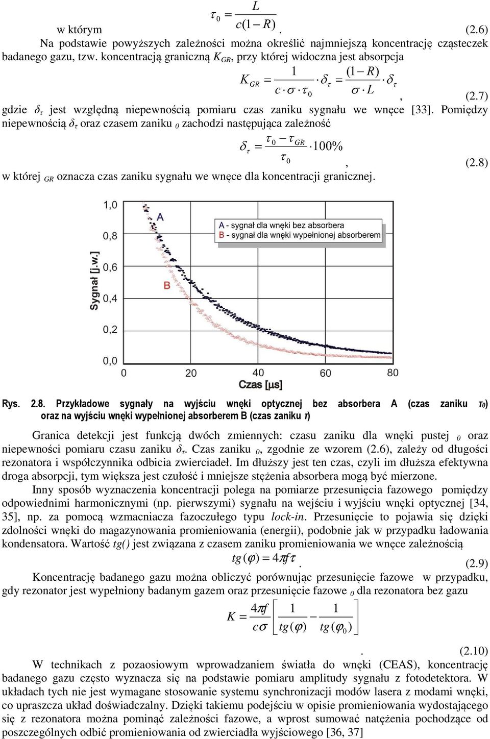 8) w której GR oznacza czas zaniku sygnału we wnęce dla koncentracji granicznej. Rys. 2.8. Przykładowe sygnały na wyjściu wnęki optycznej bez absorbera A (czas zaniku τ0) oraz na wyjściu wnęki