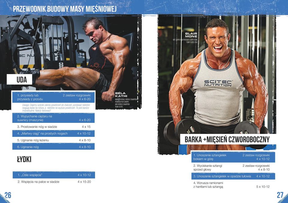 To jest bardzo indywidualne. Należy testować! 2. Wypychanie ciężaru na suwnicy (maszynie) 4 x 6-20 BÉLA KATHI WABBA Overall World Champion Powerlifter EUROPE- AND WORLD CHAMPION TEAM SCITEC 3.