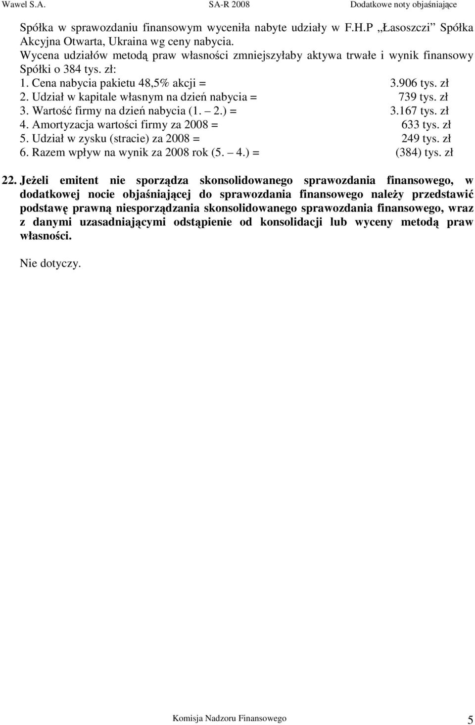 Udział w kapitale własnym na dzień nabycia = 739 tys. zł 3. Wartość firmy na dzień nabycia (1. 2.) = 3.167 tys. zł 4. Amortyzacja wartości firmy za 2008 = 633 tys. zł 5.