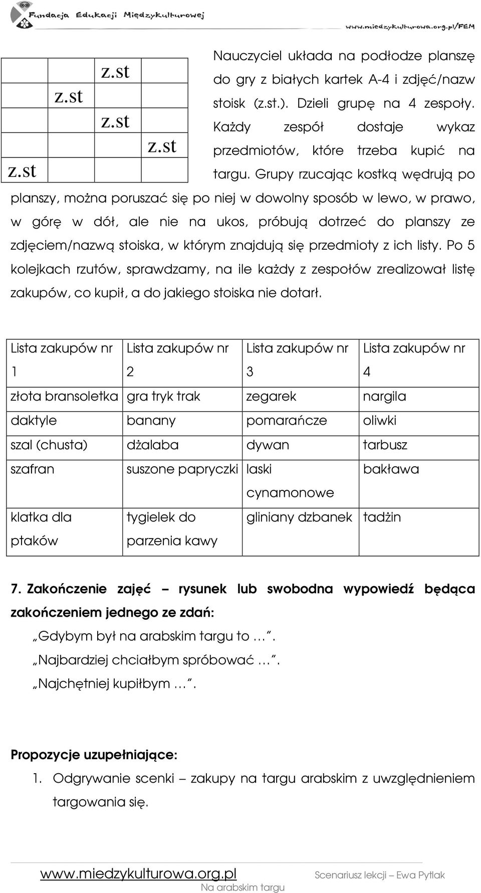 znajdują się przedmioty z ich listy. Po 5 kolejkach rzutów, sprawdzamy, na ile kaŝdy z zespołów zrealizował listę zakupów, co kupił, a do jakiego stoiska nie dotarł.